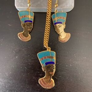 Imported  Gold and Blue Nefertiti Inlaid Earrings and necklace